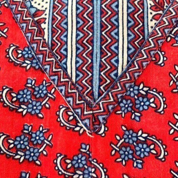 Ramona Rull Maxi Dress Vintage Red Blue Pattern Cotton Pockets Belt Puff Sleeves - Picture 7 of 12